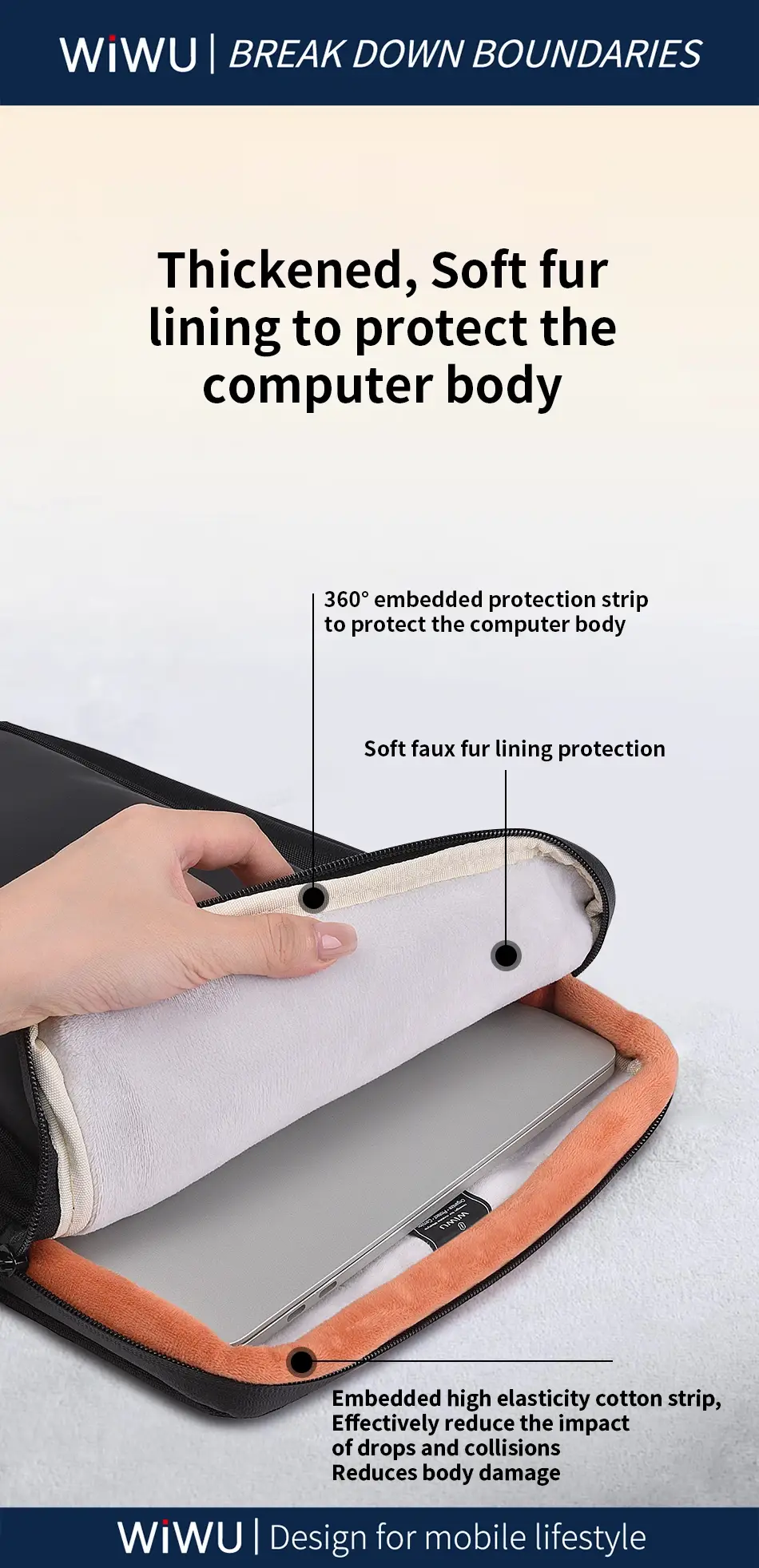 WiWU Cozy Classic Waterproof Polyester Laptop Sleeve with Anti-Drop Design & Carry Handle