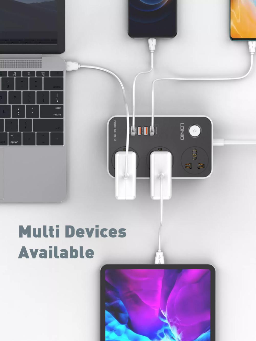 LDNIO SC3412 Power Strip with 3 Outlets & Fast Charging USB Ports