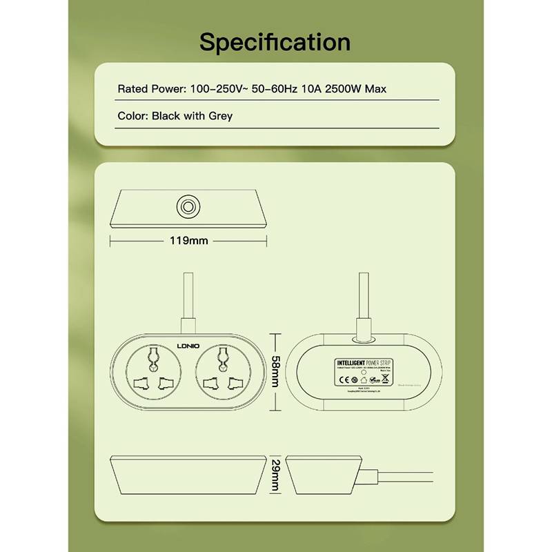 LDNIO SC2018 Universal Outlet Power Socket Extension Cord 10M