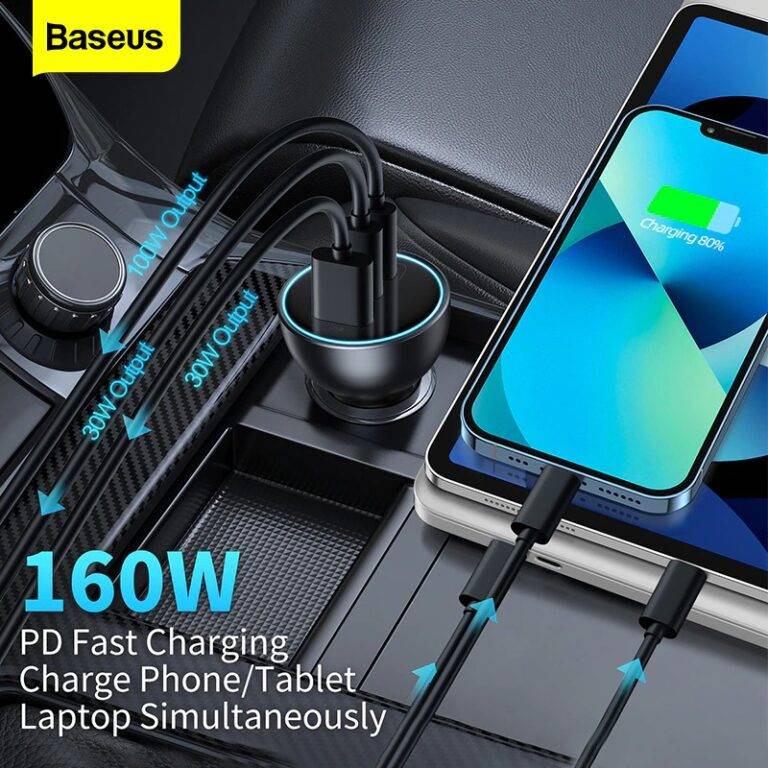 BASEUS 160W Multi-Port Car Charger Fast with Qualcomm QC 5.0 Type-C + Type-C + USB Power Adapter