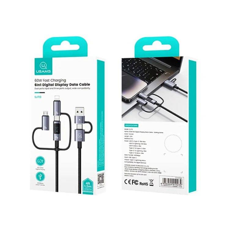USAMS SJ713 60W Fast Charging 6-in-1 Data Cable with Digital Display