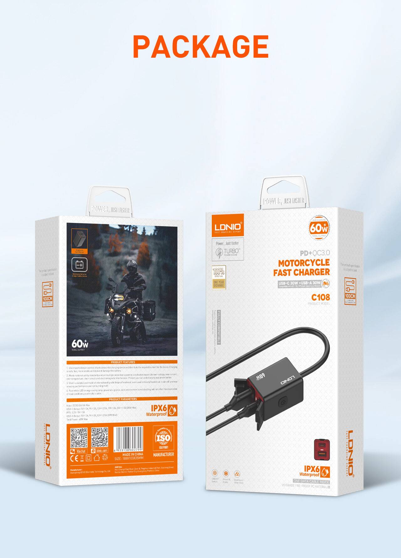 LDNIO C108 60W Waterproof Fast Car Charger Wired Extension Cord for Motorcycles