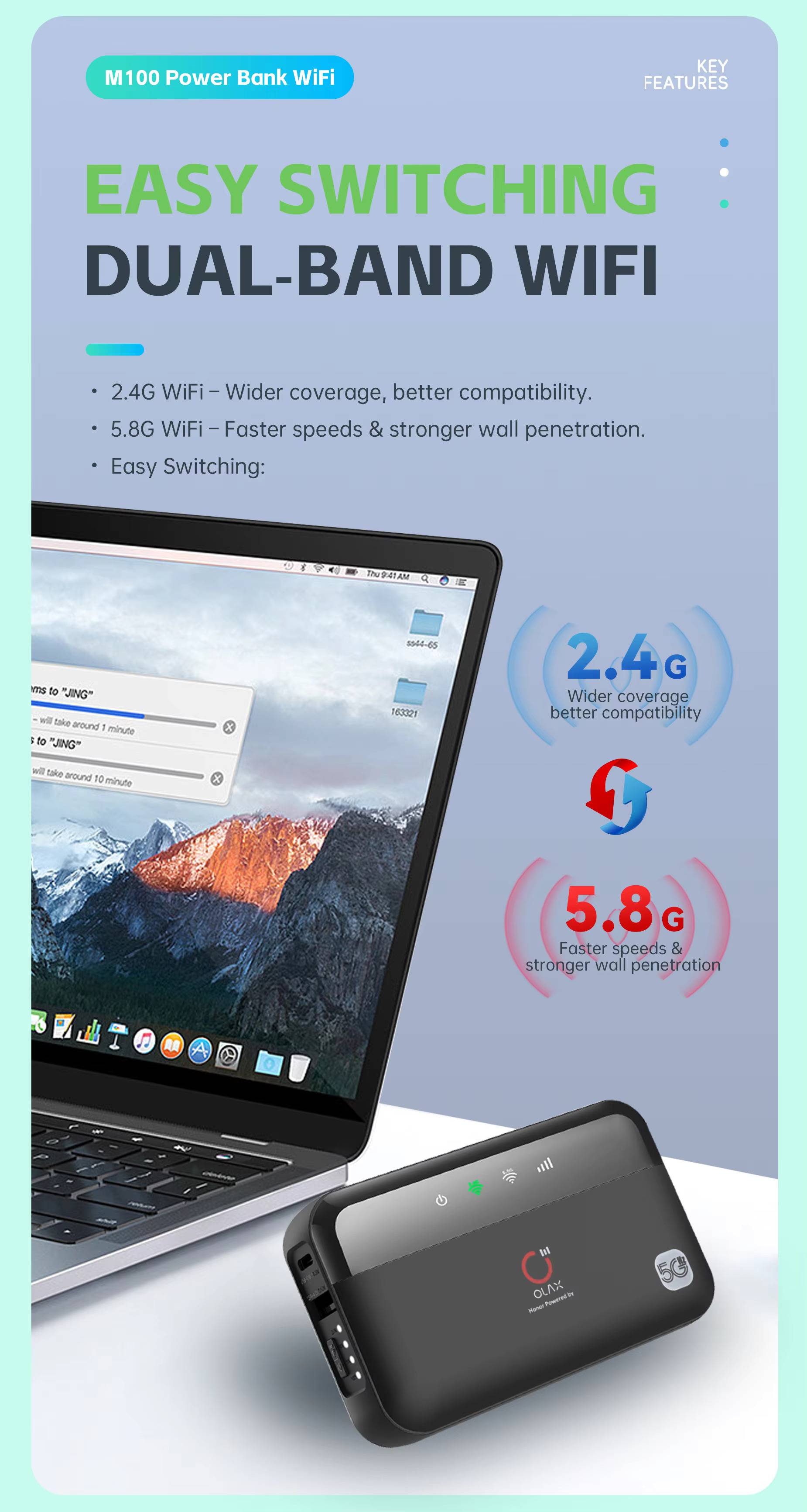 OLAX M100 4G/5G Pocket Router with Wi-Fi 6 and 10000mAh Battery