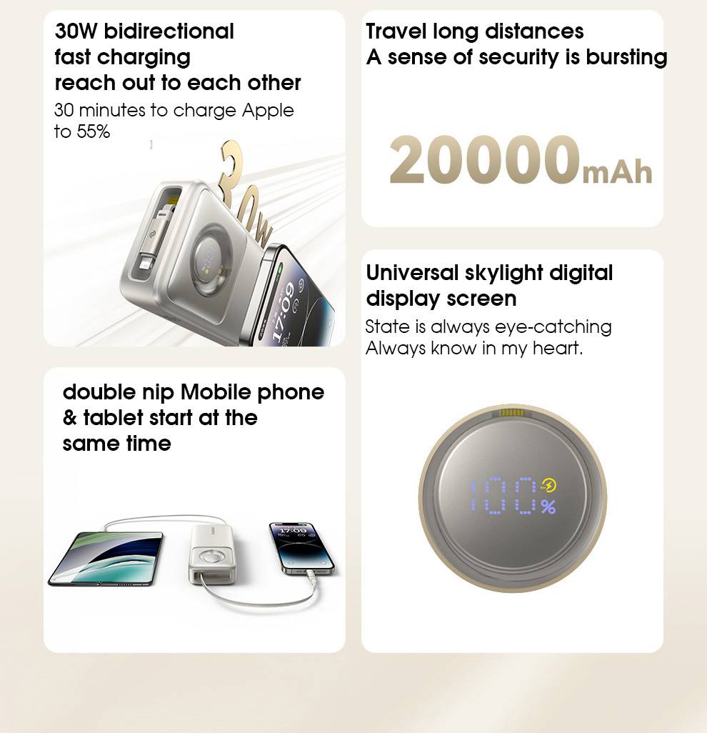 Baseus NOMOS 30W 20,000mAh Power Bank with Digital Display & Built-in Retractable Cable