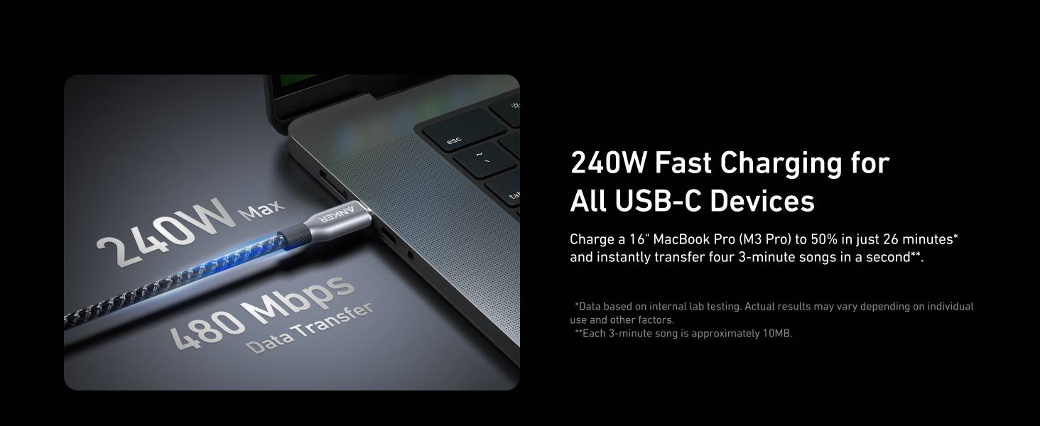 Anker Prime 240W USB-C to USB-C Cable 3ft Upcycled Nylon 100-Year Durability