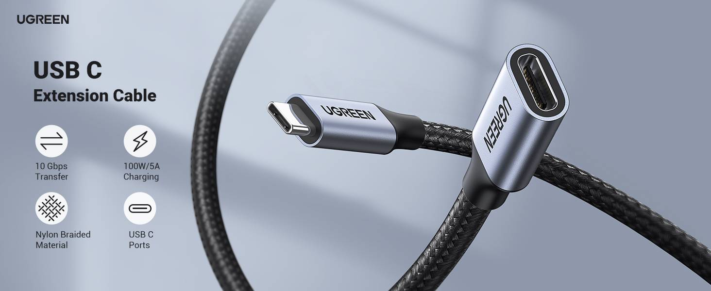 UGREEN US372 USB-C Male to Female Gen2 Aluminum Case Braided Extension Cable 1M (30205)