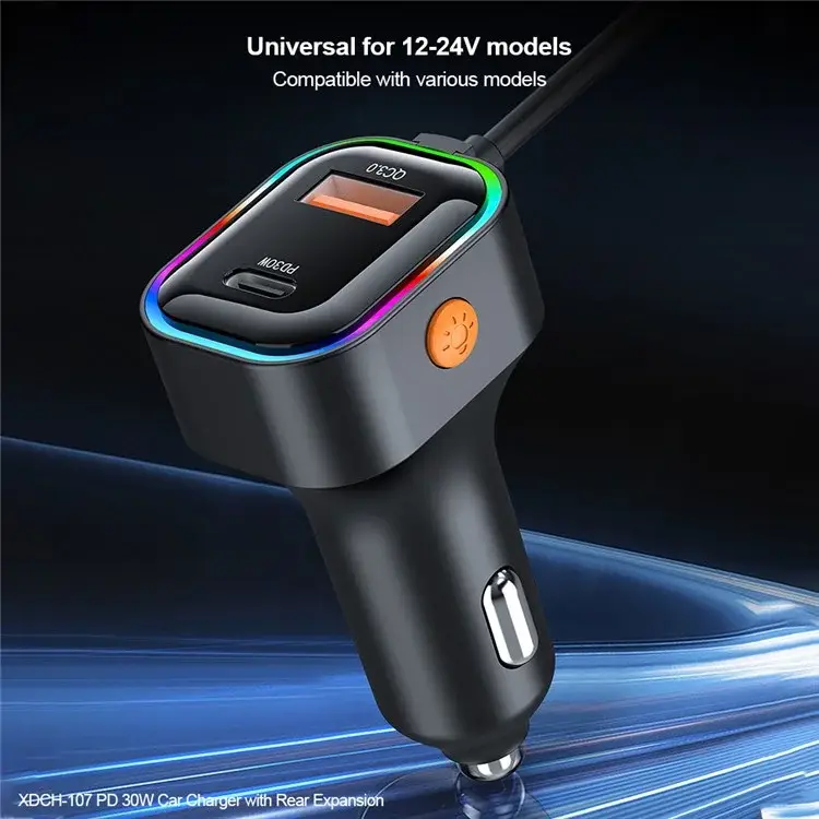 XUNDD XDCH-107 30W PD Fast Car Charger with Rear Seat Charging Ports & RGB Ambient Light