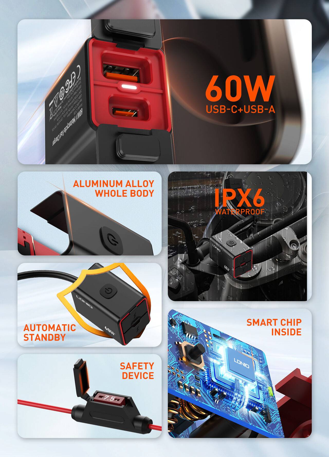LDNIO C108 60W Waterproof Fast Car Charger Wired Extension Cord for Motorcycles