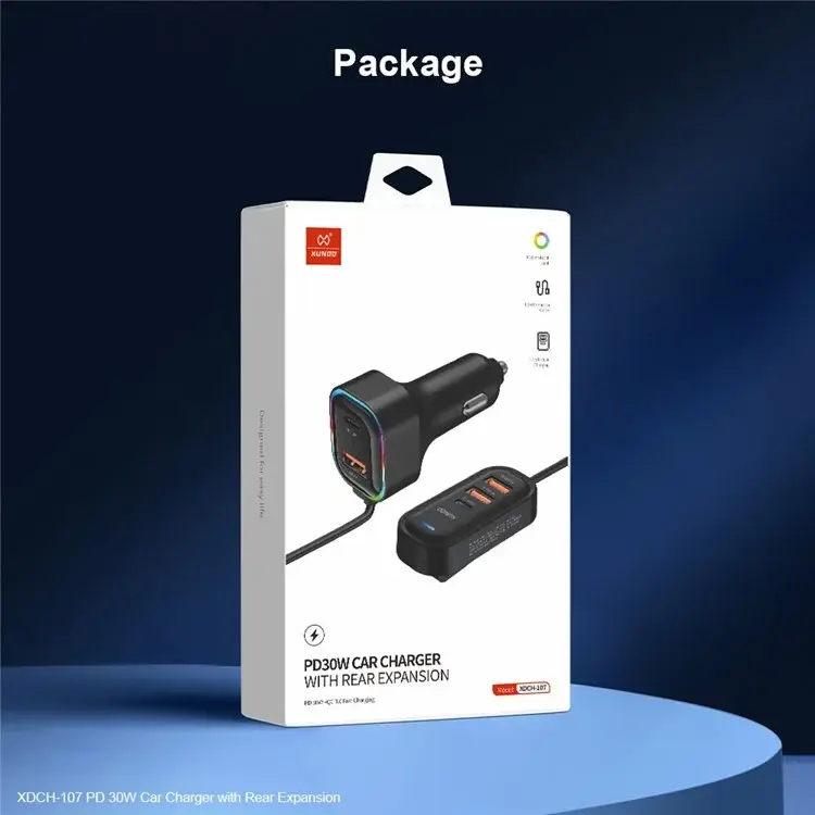 XUNDD XDCH-107 30W PD Fast Car Charger with Rear Seat Charging Ports & RGB Ambient Light