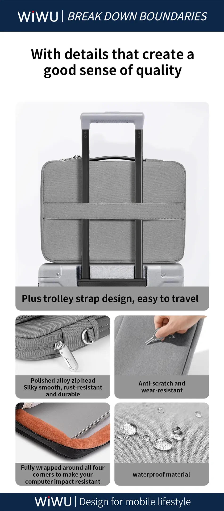 WiWU Cozy Classic Waterproof Polyester Laptop Sleeve with Anti-Drop Design & Carry Handle