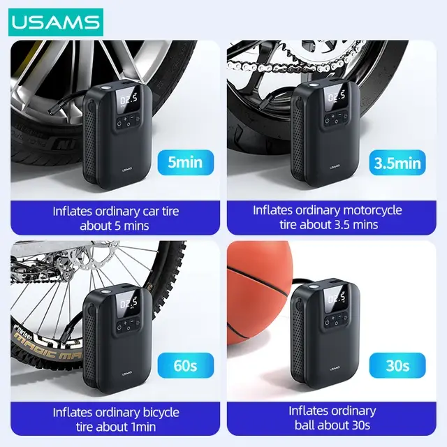 USAMS US-ZB215 Mini Digital Electric Tyre Tire Inflator Compact 5000mAh Auto Air Inflatable Pump for Car and Bicycle