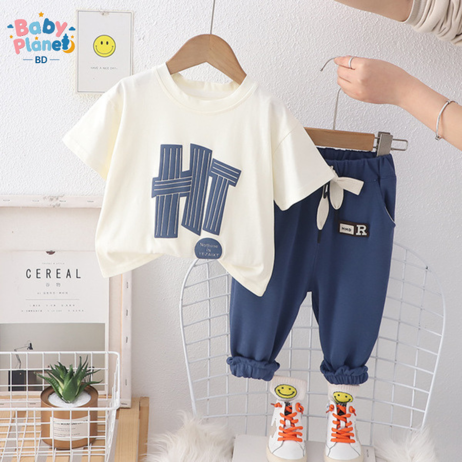 Imported Bubble Print Round-Neck Short-Sleeve Baby Top & Casual Trousers Two-Piece Set – Trendy Outfit