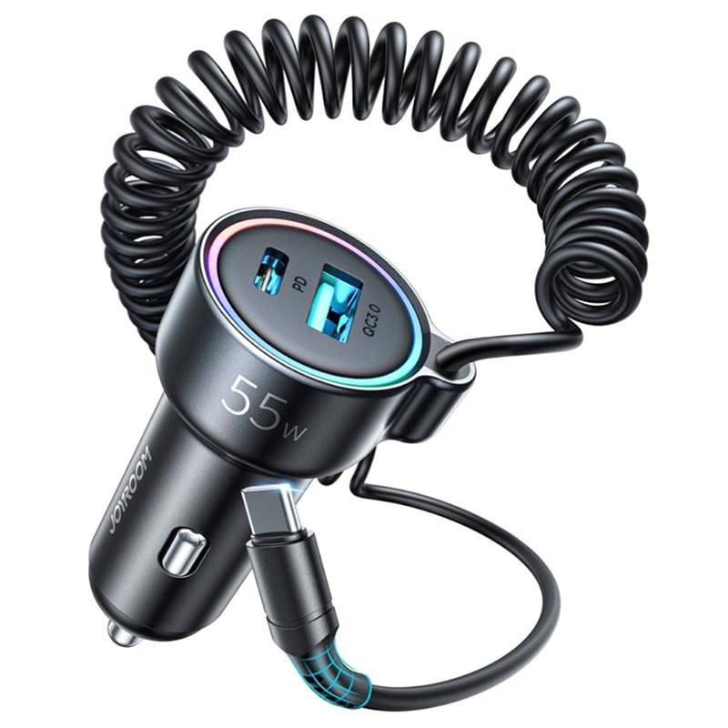JOYROOM JR-CL07 55W PD QC3.0 Fast Car Charger with Type-C Port and Coiled Cable