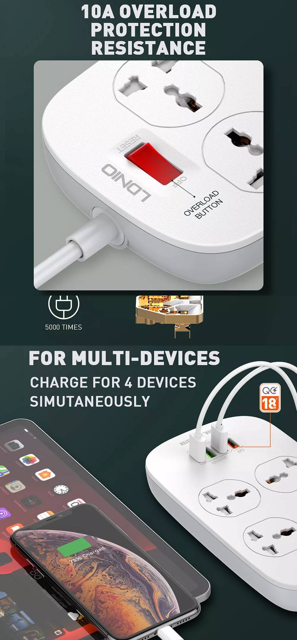 LDNIO SC4407 Power Socket 4 USB Charger with 2m Power Extension Cord