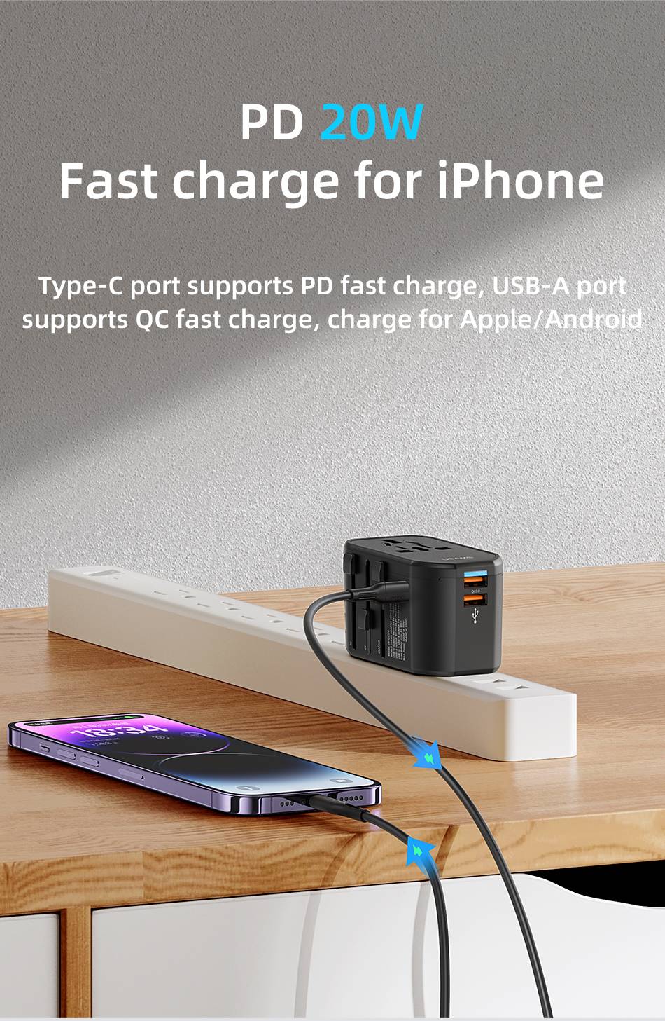 USAMS T59 Universal Travel Adapter Travel Charger Socket Converter 20W Dual USB Type-C Wall Charger For US EU UK AU