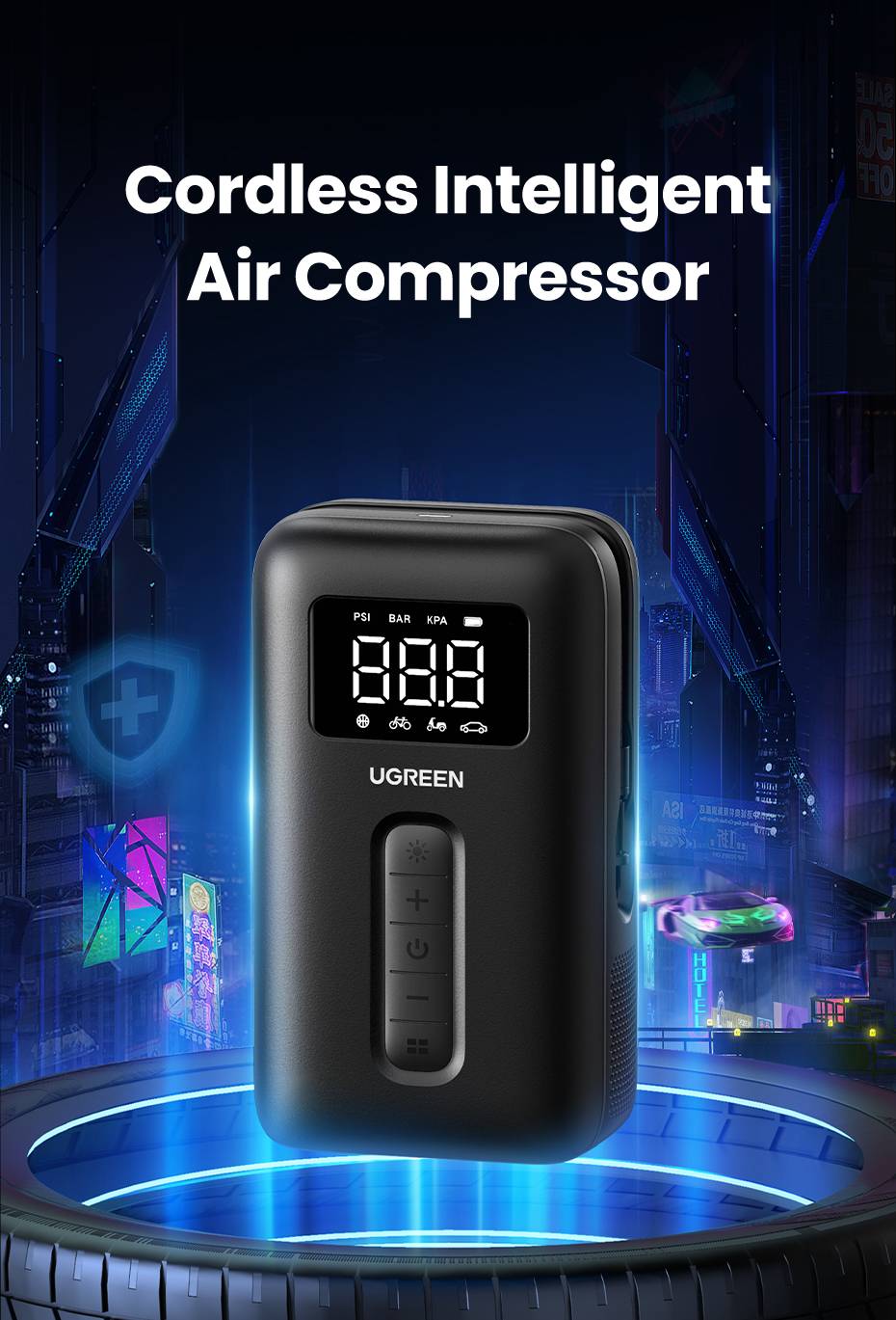 UGREEN Portable 5V 150PSI Smart Digital Car Air Compressor and Tire Inflator for Motorcycles and Bicycles