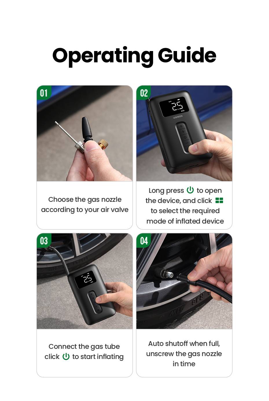 UGREEN Portable 5V 150PSI Smart Digital Car Air Compressor and Tire Inflator for Motorcycles and Bicycles