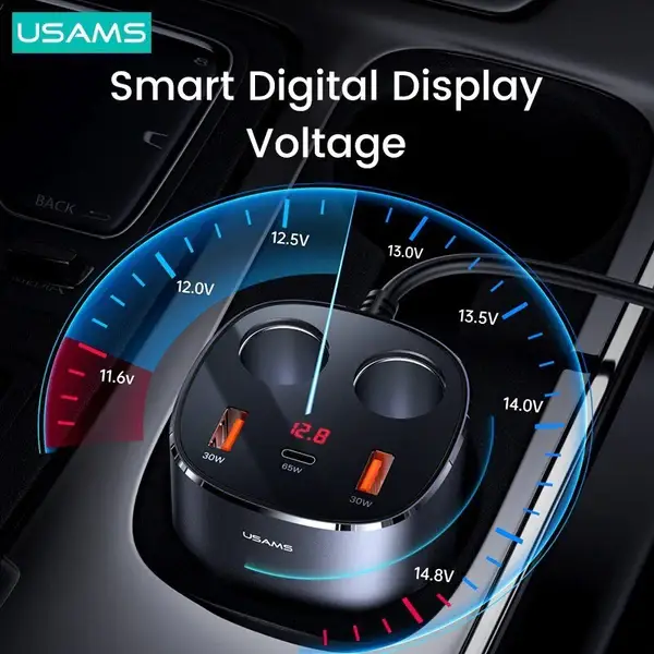 USAMS 245W 3 Ports + Dual Cigarette Lighters Digital Display Fast Car Charger USAMS 245W 3 Ports + Dual Cigarette Lighters Digital Display Fast Car Charger