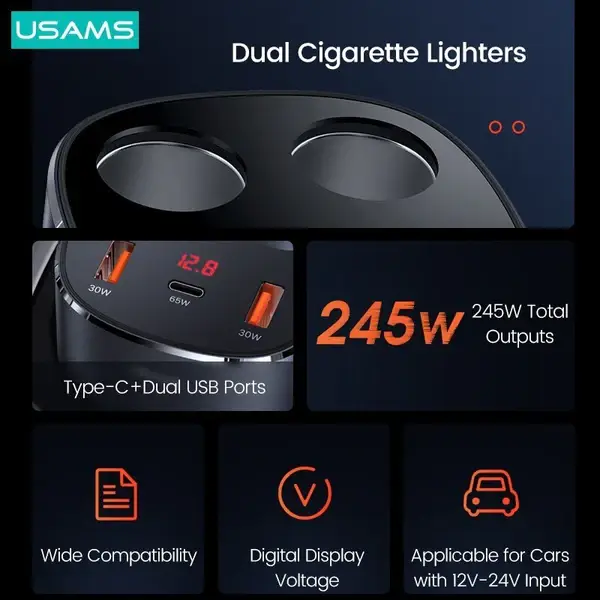 USAMS 245W 3 Ports + Dual Cigarette Lighters Digital Display Fast Car Charger USAMS 245W 3 Ports + Dual Cigarette Lighters Digital Display Fast Car Charger