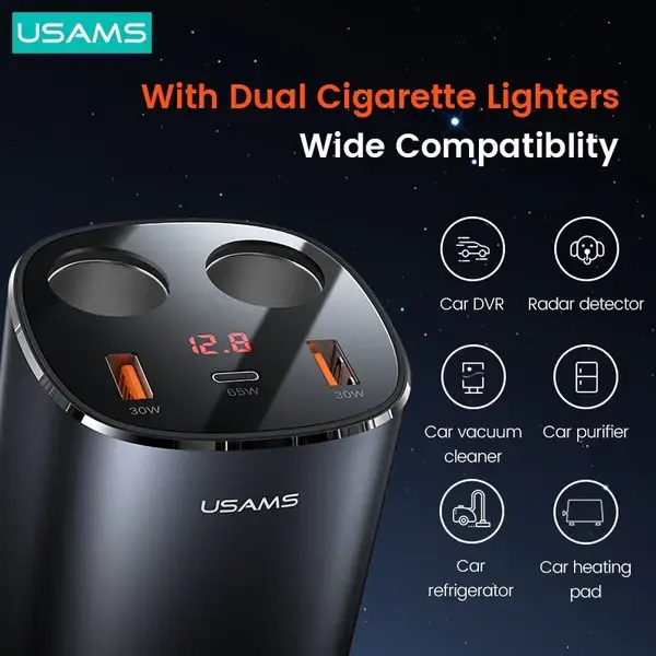 USAMS 245W 3 Ports + Dual Cigarette Lighters Digital Display Fast Car Charger USAMS 245W 3 Ports + Dual Cigarette Lighters Digital Display Fast Car Charger