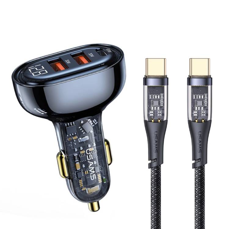 USAMS Ice Series 80W 3-Port Transparent Car Charger with Type-C to Type-C PD 100W Transparent Data Cable USAMS Ice Series 80W 3-Port Transparent Car Charger with Type-C to Type-C PD 100W Transparent Data Cable