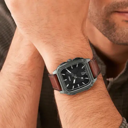 Fossil Inscription Black Dial Brown Strap Men's Watch