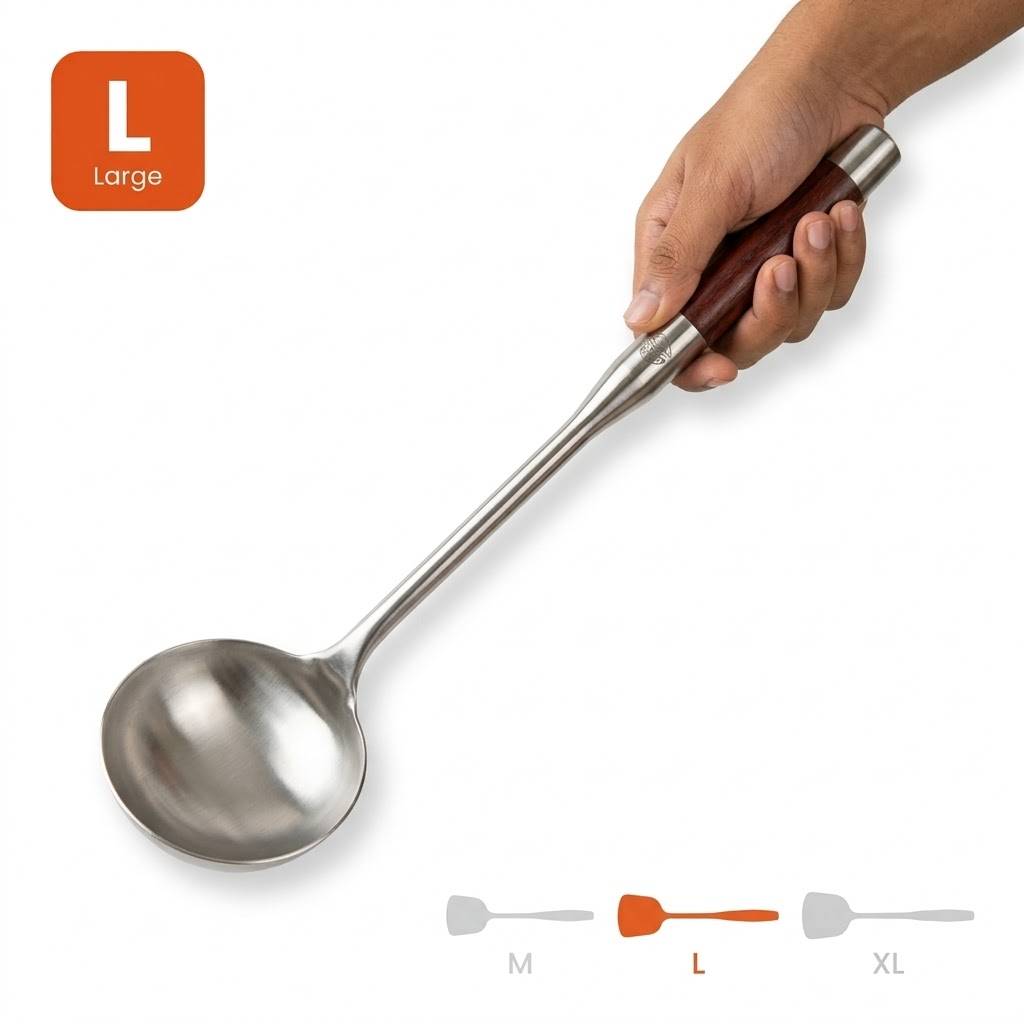 রেস্টুরেন্ট স্টেইনলেস স্টিল হাতা / ডাবু (Ladle) – কাঠের হাতল – লার্জ সাইজ (L)