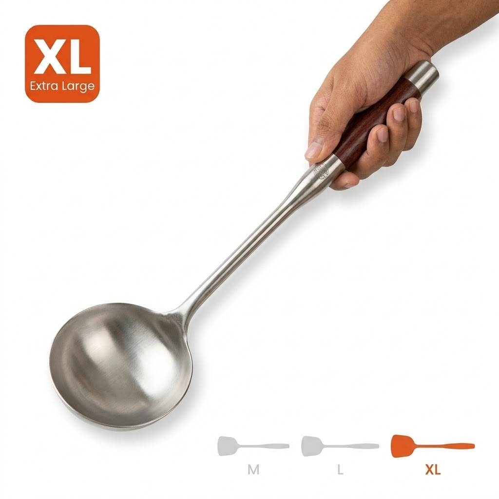 রেস্টুরেন্ট স্টেইনলেস স্টিল হাতা / ডাবু (Ladle) – কাঠের হাতল – এক্সট্রা লার্জ সাইজ (XL)