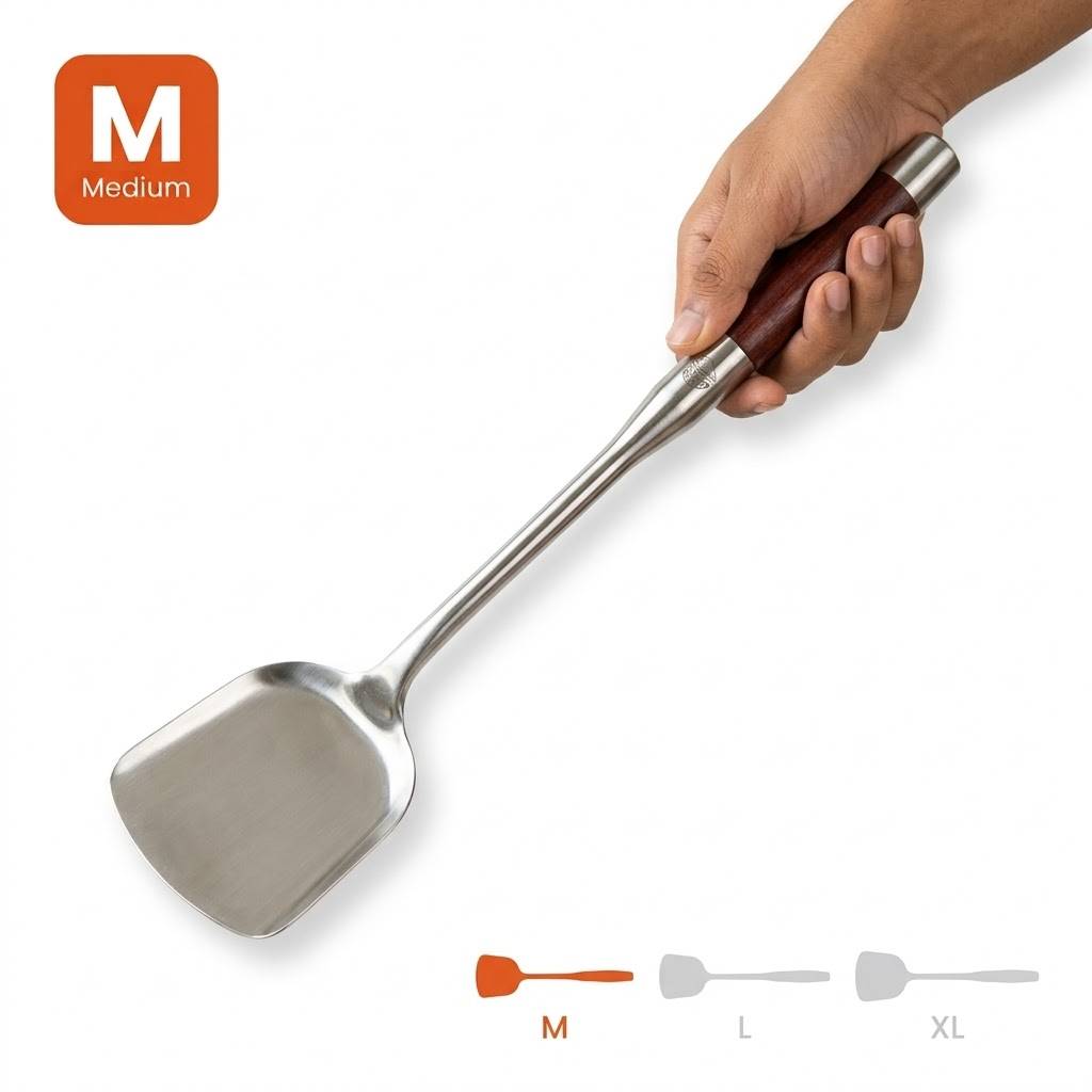 রেস্টুরেন্ট স্টেইনলেস স্টিল খুন্তি (Wok Spatula) – কাঠের হাতল – মিডিয়াম সাইজ (M)