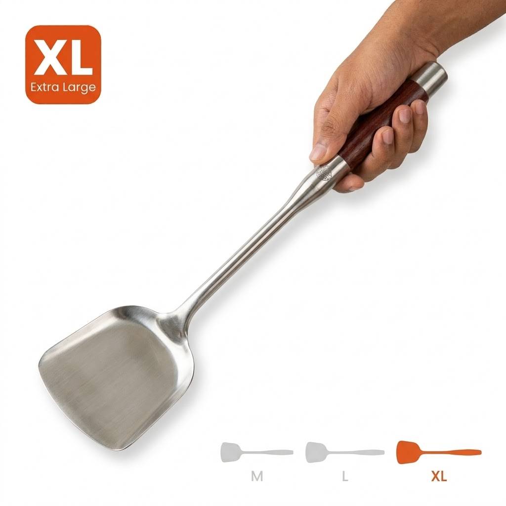 রেস্টুরেন্ট স্টেইনলেস স্টিল খুন্তি (Wok Spatula) – কাঠের হাতল – এক্সট্রা লার্জ সাইজ (XL)