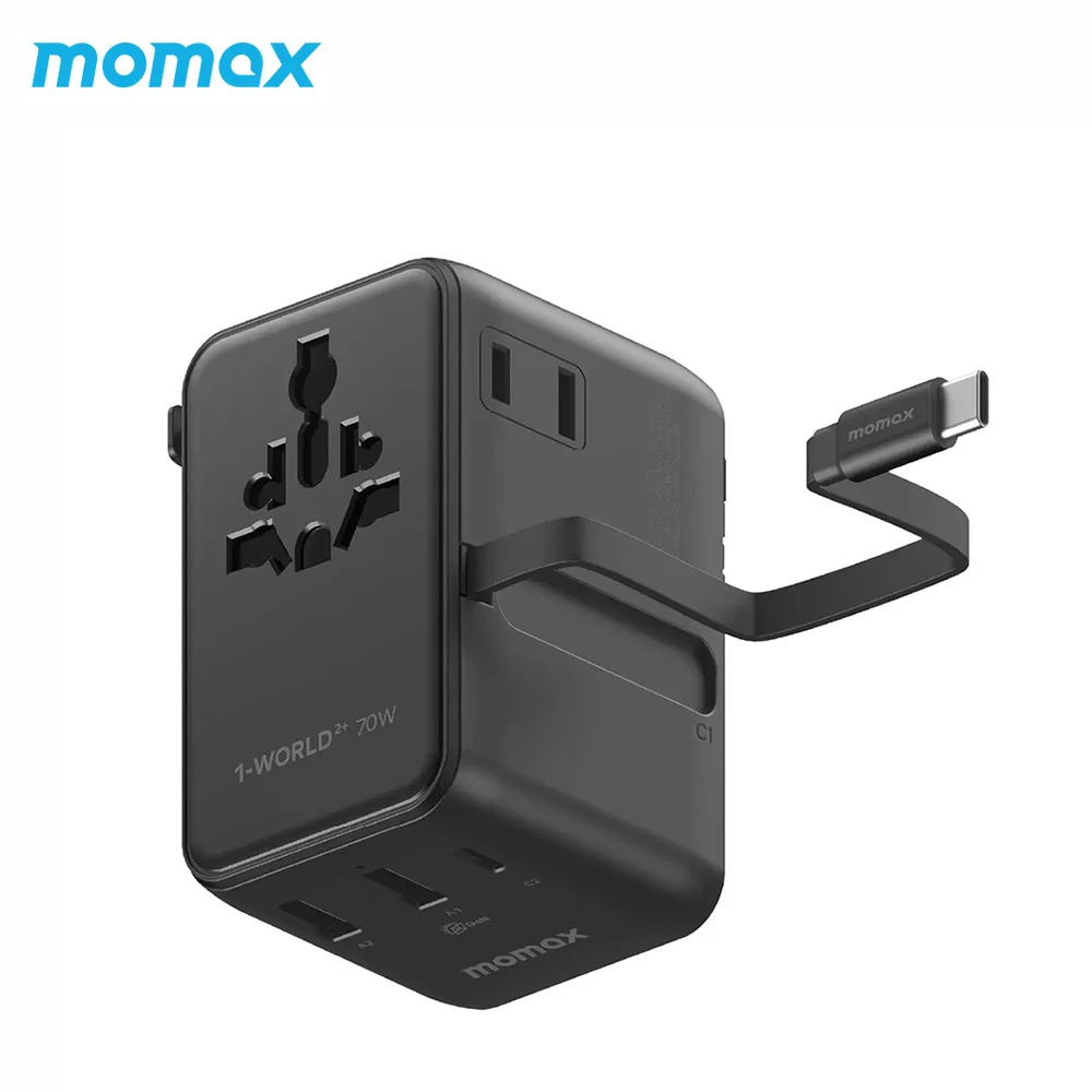 Momax UA30 travel adapter front view with retractable cable