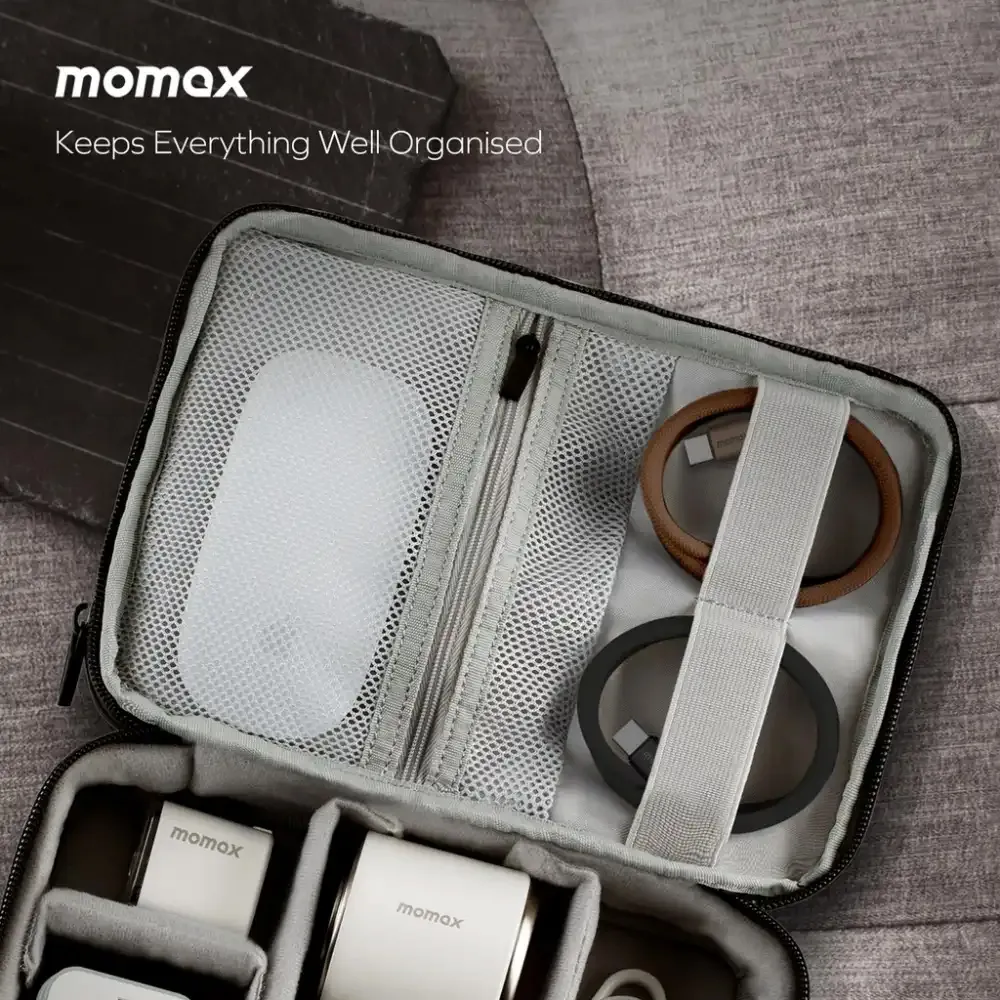 Momax SR35 1-World Organiser open showing cable straps and zipper compartment