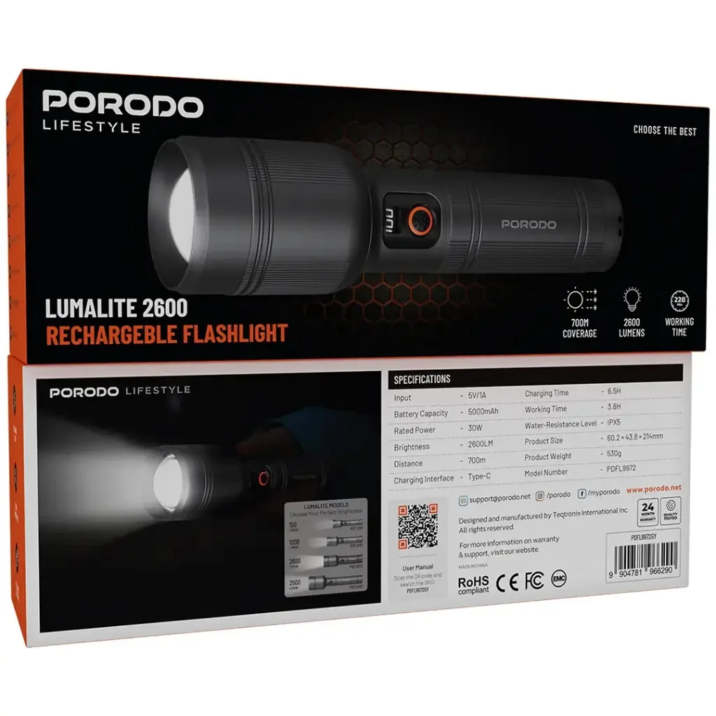 Porodo Lifestyle Lumalite 2600 30W Rechargeable Flashlight