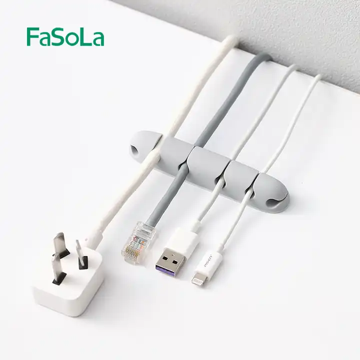 FaSoLa YF-156 Cable Management Button holding a charging cable in an office setting