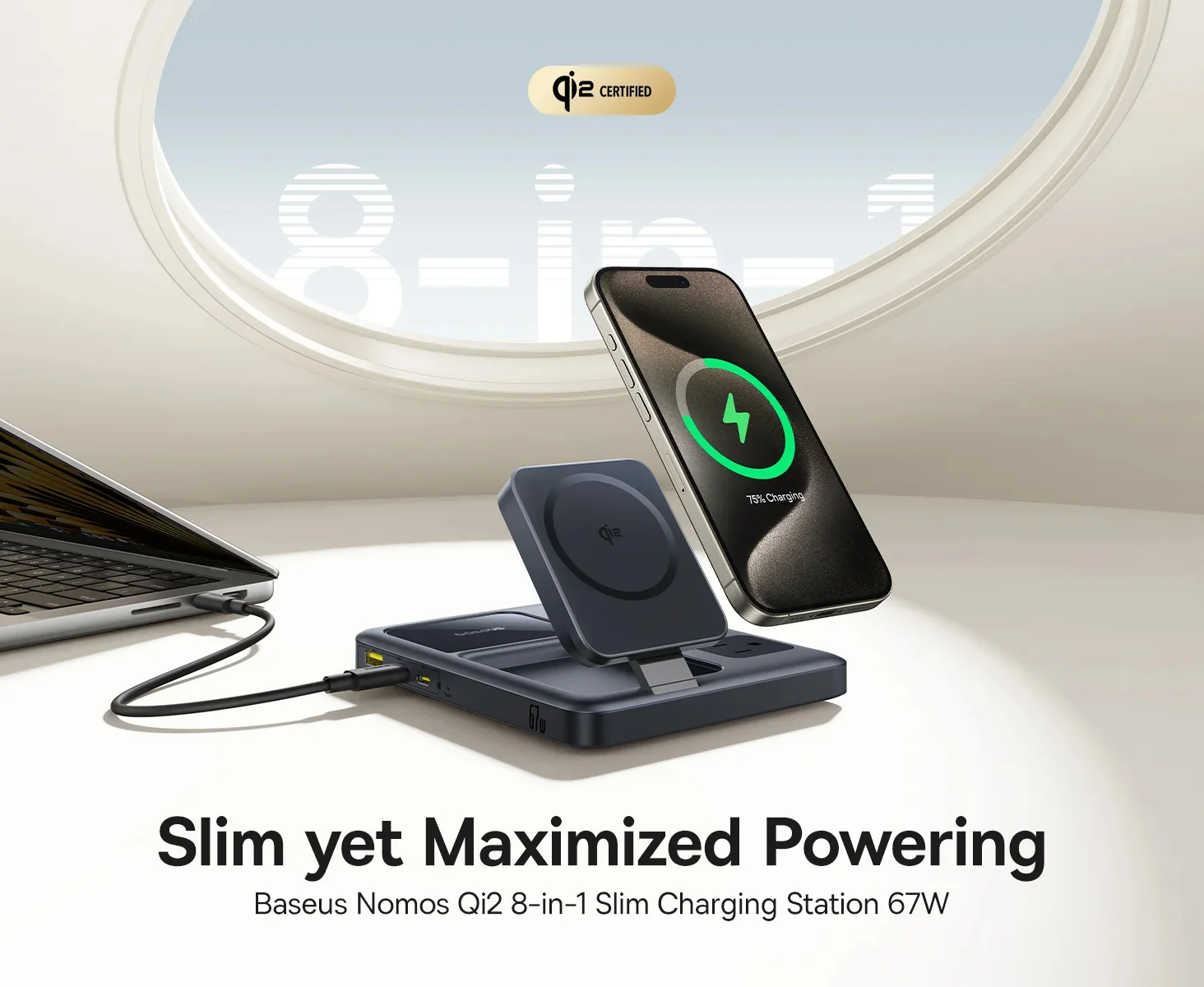 Baseus Nomos Qi2 8-in-1 Slim Charging Station 67W with 15W Wireless Charging & US 3-Pin Plug