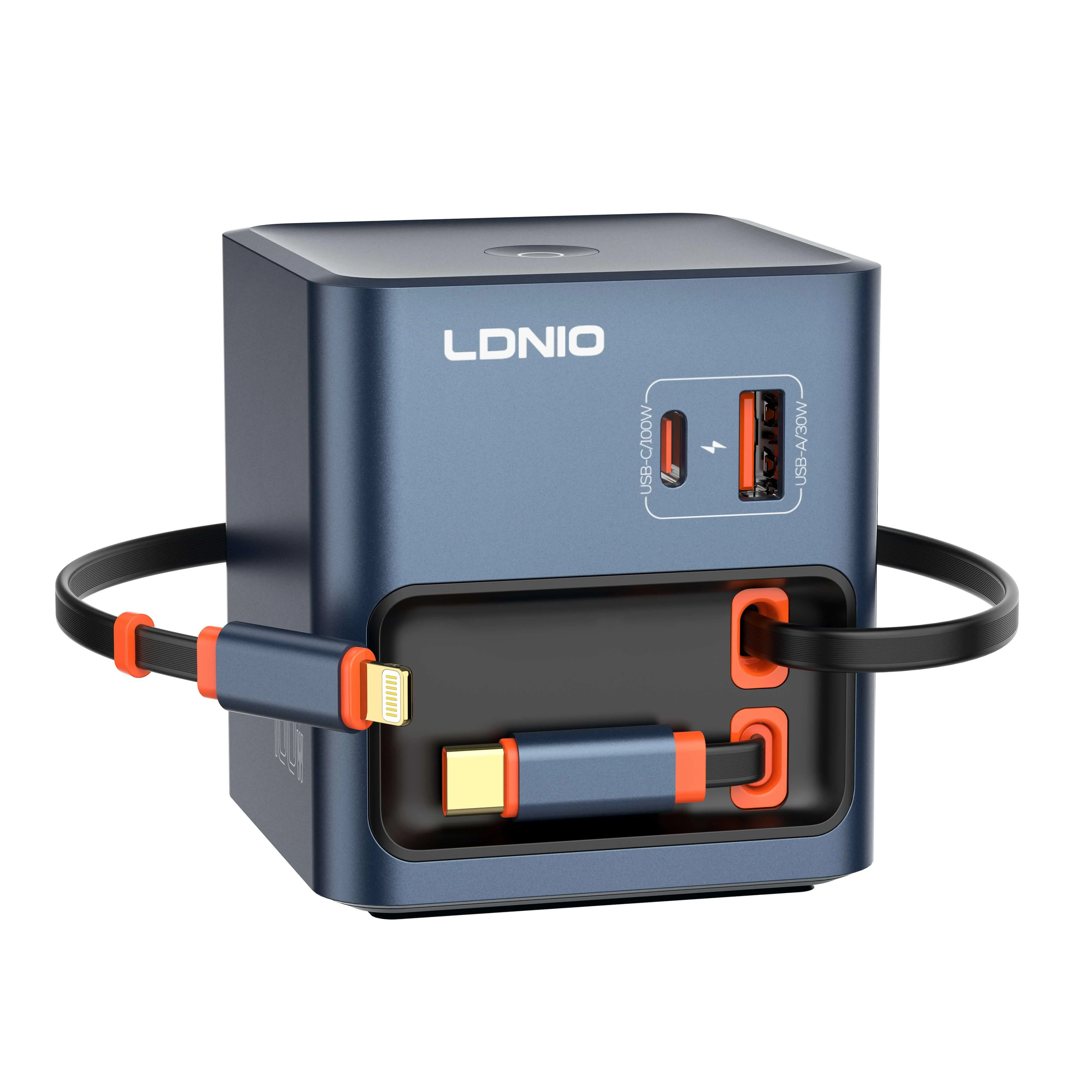 LDNIO Q16 100W GaN Desktop Charger 4-Port with USB-C Retractable Cable for Multi-Device Fast Charging