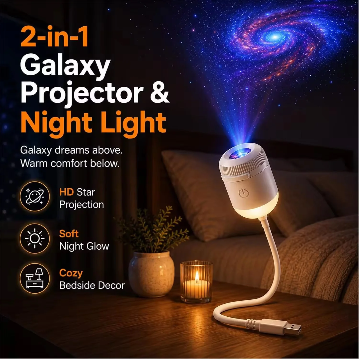 2-in-1 Galaxy Projector Night Light with Sliding Projection Films | USB Star Light