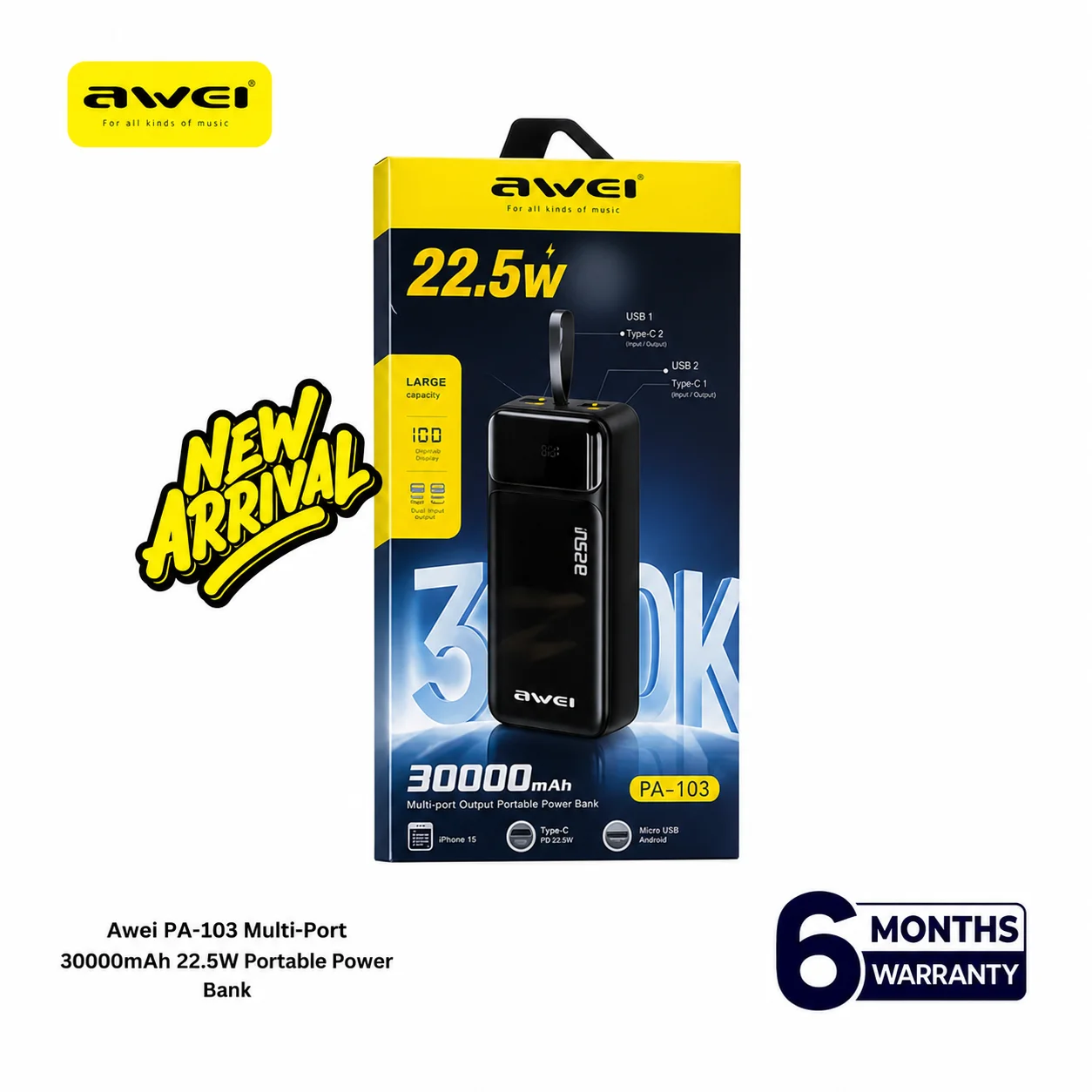 Awei PA-103 Disgital Display 30000mAH Large Capacity 22.5W Fast Charging Powerbank