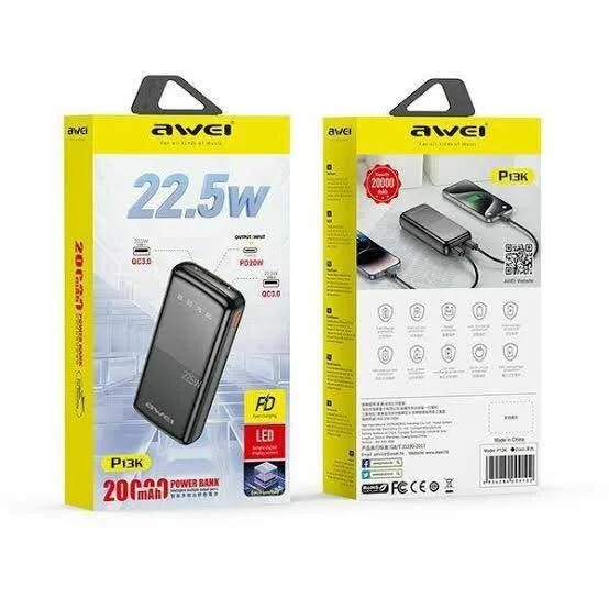 Awei P13K 22.5W Powerbank 20000mAh Fast Charging Awei P13K 22.5W Powerbank 20000mAh Fast Charging