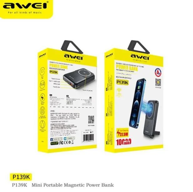 Awei P139K 10000mAh 15W Magnetic Wireless Charger Power Bank 22.5W Fast Charging External Battery