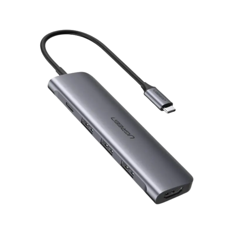UGREEN CM136 5-in-1 USB-C Hub showing HDMI 4K, three USB 3.0 ports, and 100W PD on aluminum alloy body UGREEN CM136 5-in-1 USB-C Hub showing HDMI 4K, three USB 3.0 ports, and 100W PD on aluminum alloy body