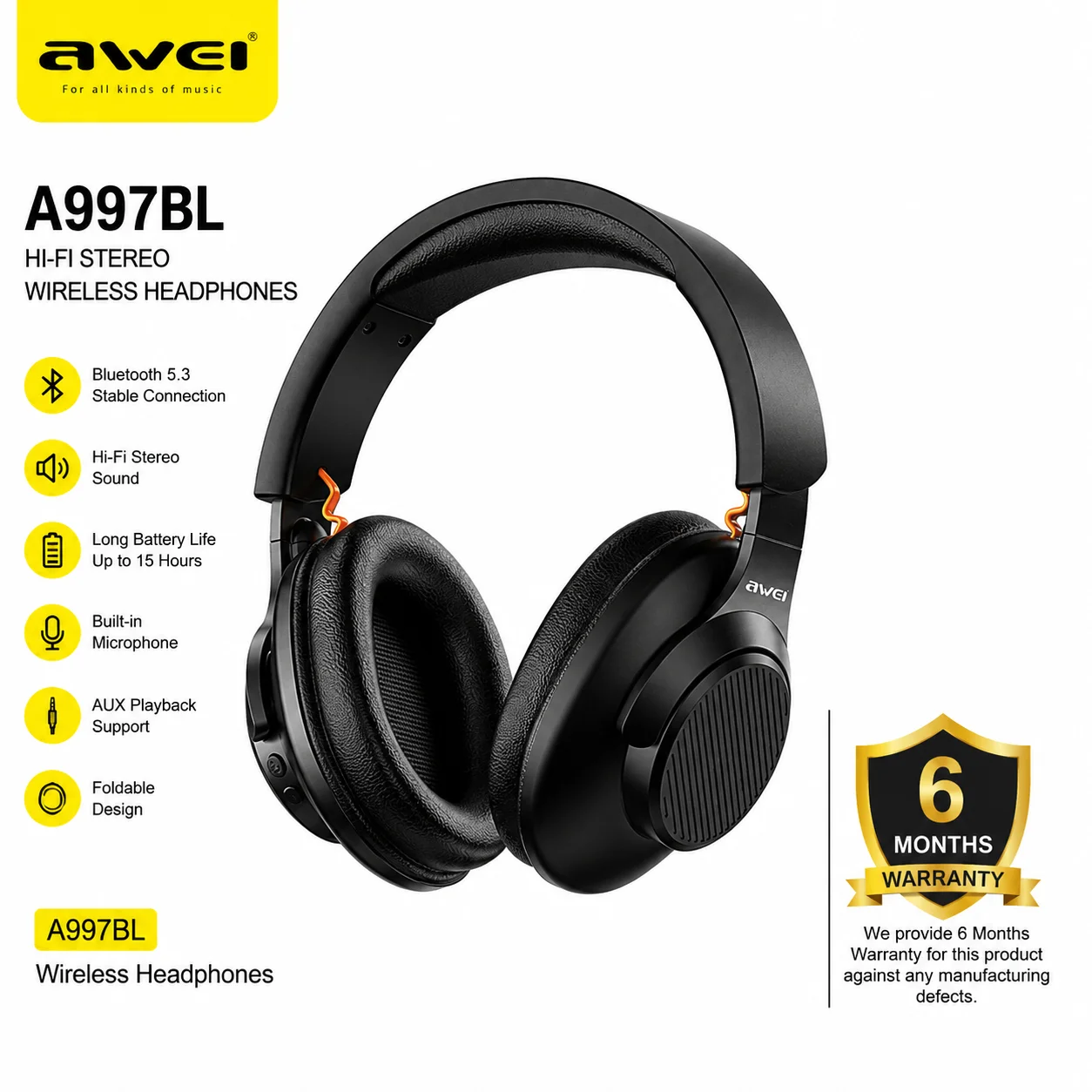 Awei A997BL Hi-Fi Stereo Long Battery Life Wireless Headphones