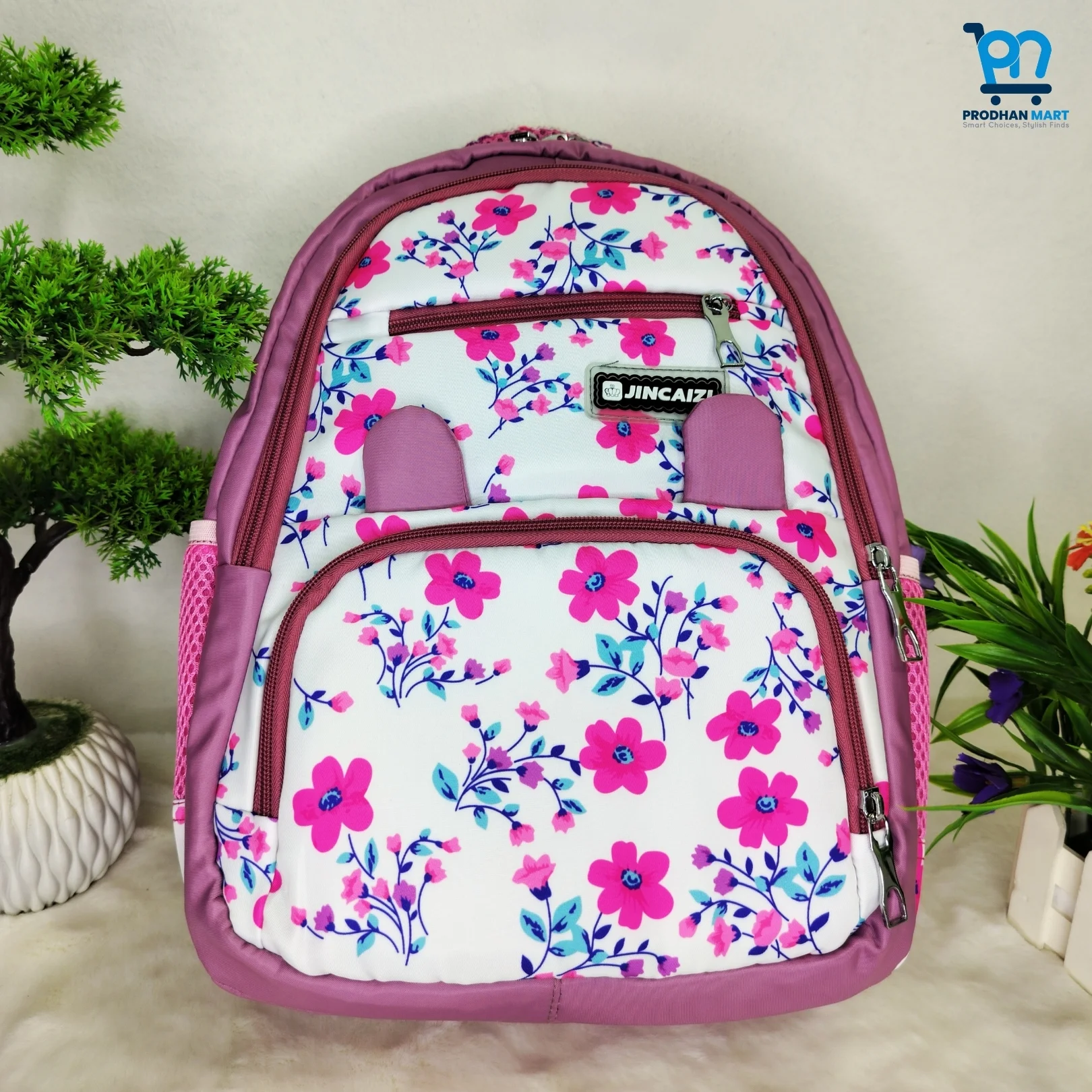 (Class 0-3) Floral Print School Bag (Nude Pink Color)
