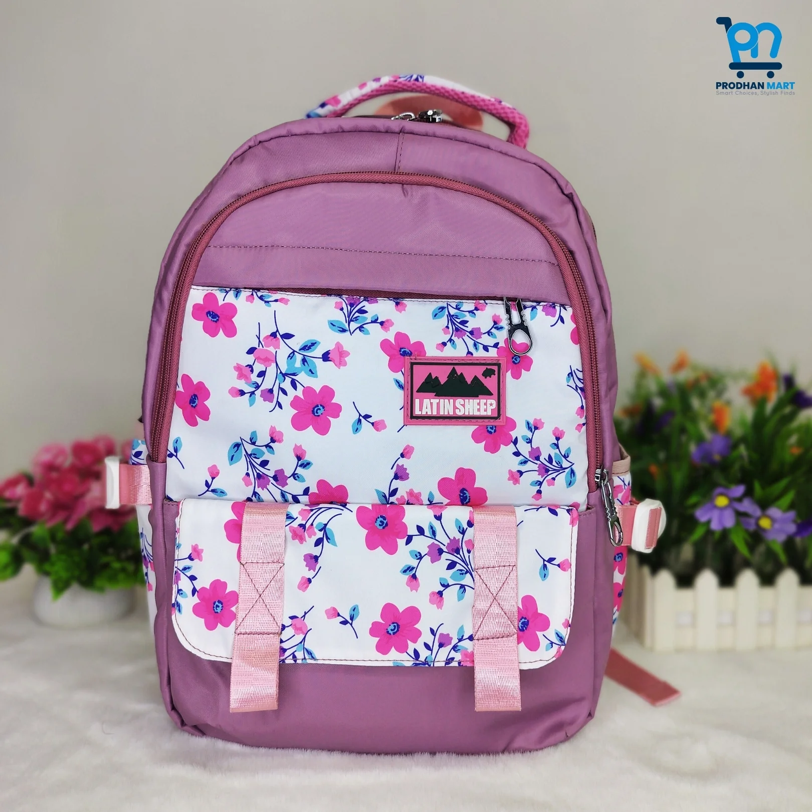 (Class 2-5) Floral Print School Bag (Nude Pink Color)