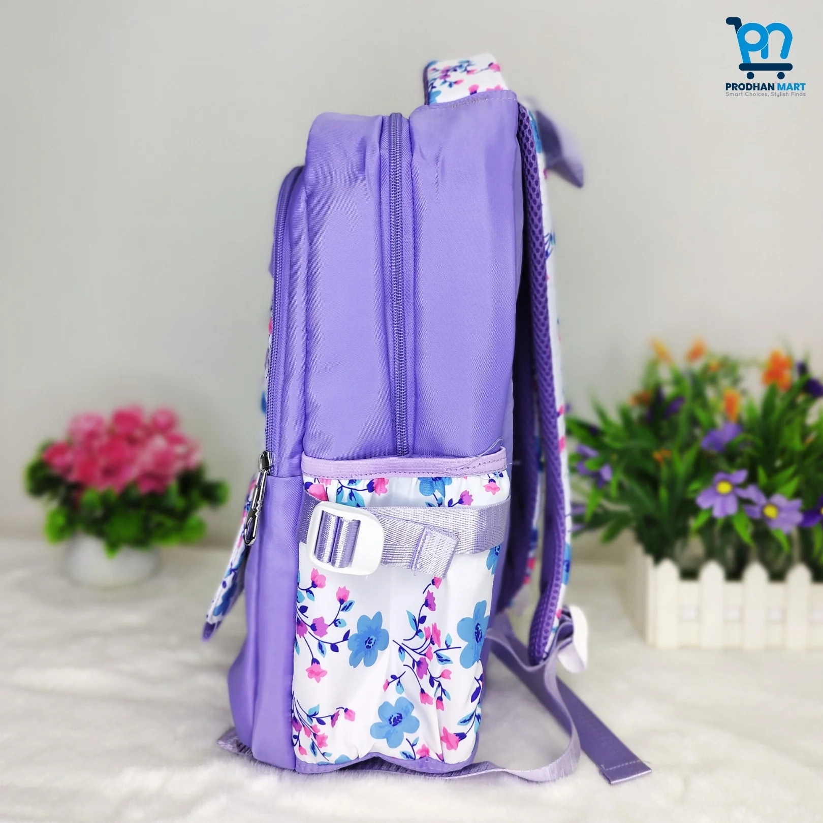 (Class 2-5) Floral Print School Bag (Light Purple Color)