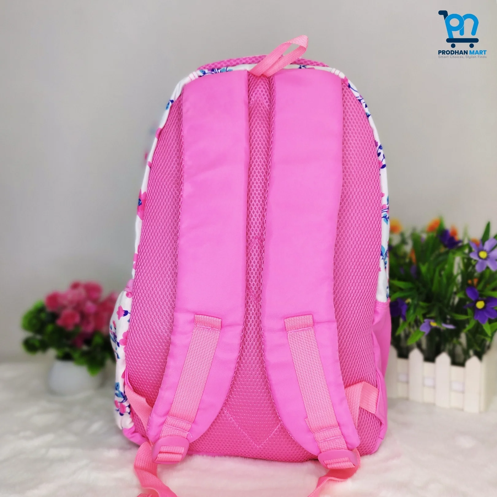 (Class 4-10) Floral Print School Bag (Bright Pink Color)