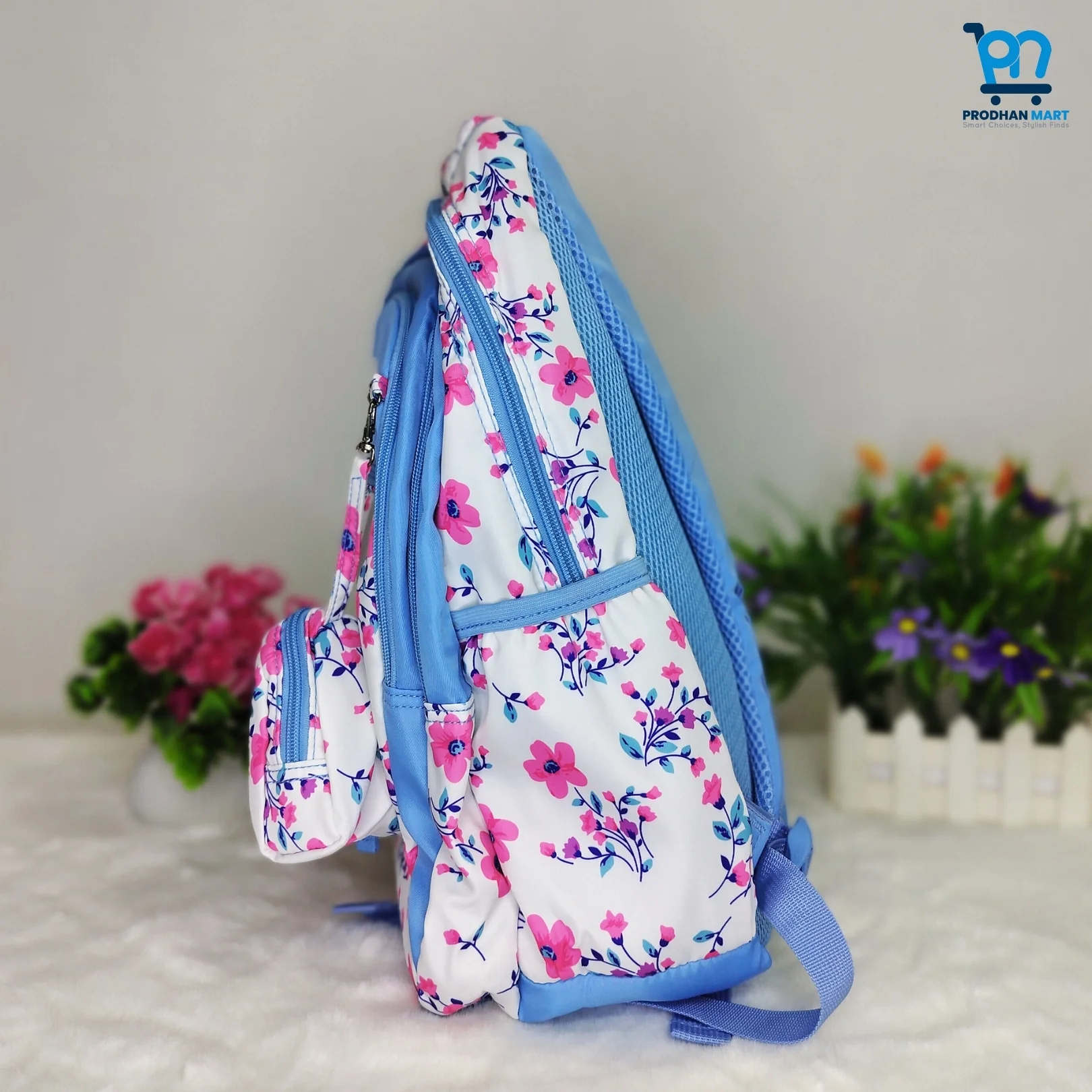 (Class 4-10) Floral Print School Bag (Light Blue Color)