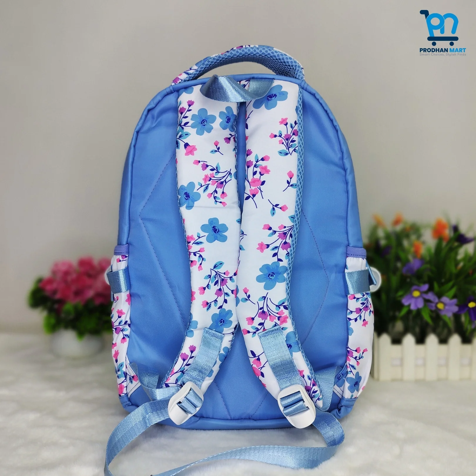 (Class 2-5) Floral Print School Bag (Light Blue Color)