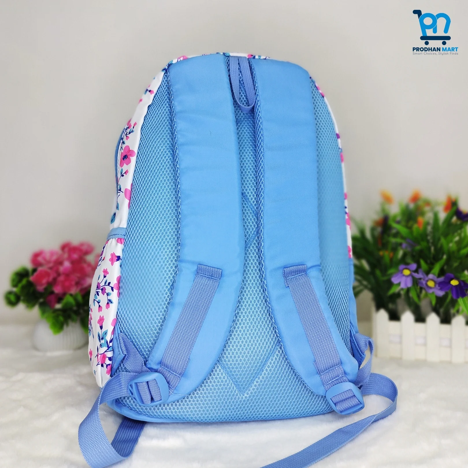 (Class 4-10) Floral Print School Bag (Light Blue Color)