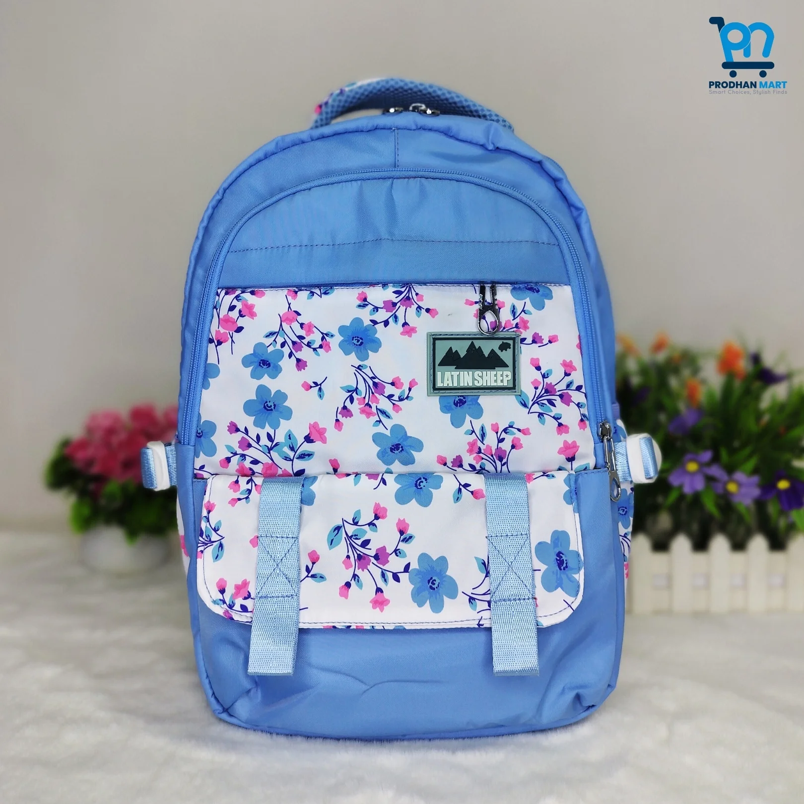 (Class 2-5) Floral Print School Bag (Light Blue Color)